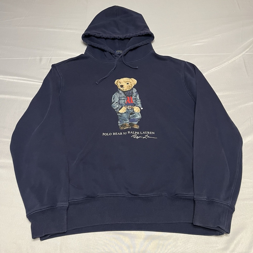 Polo Ralph Lauren Hoodie Mens L Navy Blue Polo Bear Fleece Sweatshirt